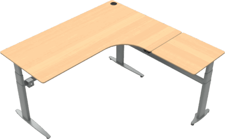 Tre-bens L-formet hæve-sænkebord ZenNord MoveMate højrevendt naturbøg/sølv ergonomisk skrivebord H68-120 B180Ã180